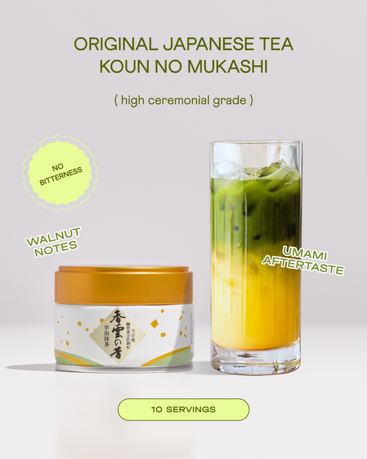 Koun no Mukashi ceremonial matcha from Kyoto – rich green colour and nutty umami taste, perfect for latte, koicha & usucha in Dubai