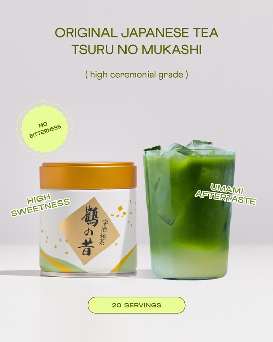 Tsuru no Mukashi ceremonial matcha powder – premium Uji Kyoto tea with caramel aroma and vibrant green colour, available in Dubai, UAE