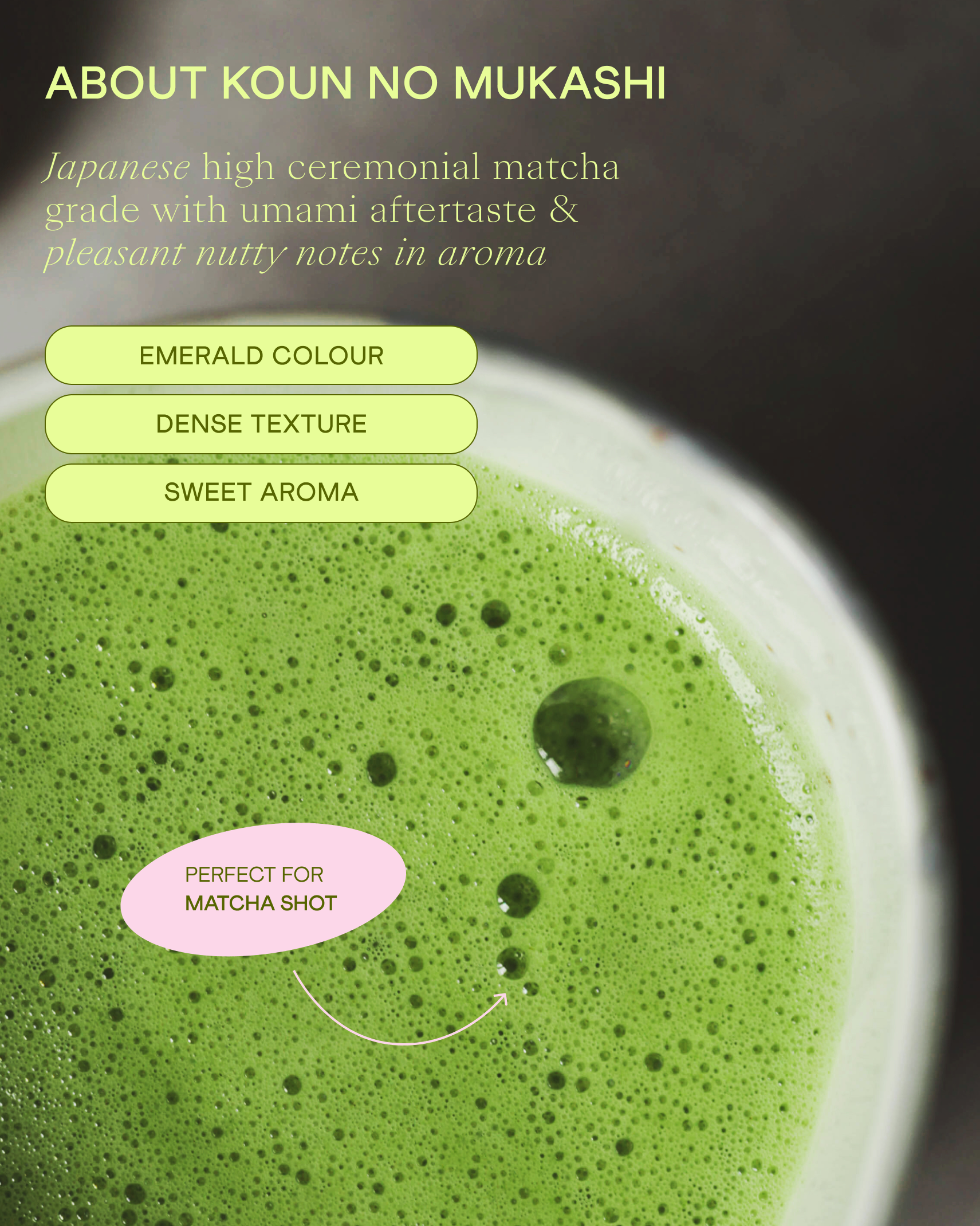 Features of Koun no Mukashi – Japanese high ceremonial matcha grade with umami aftertaste and pleasant nutty notes in aroma 