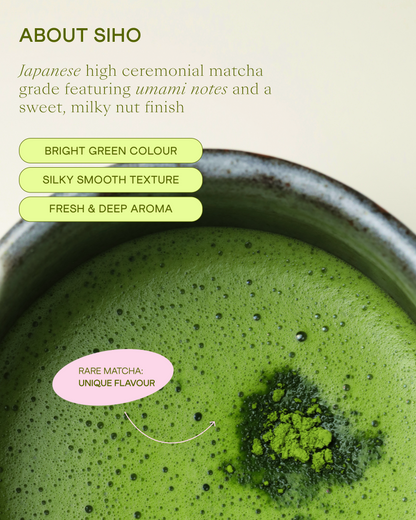 Light matcha tea (usucha) made with Siho ceremonial matcha grade – smooth texture and bright colour.